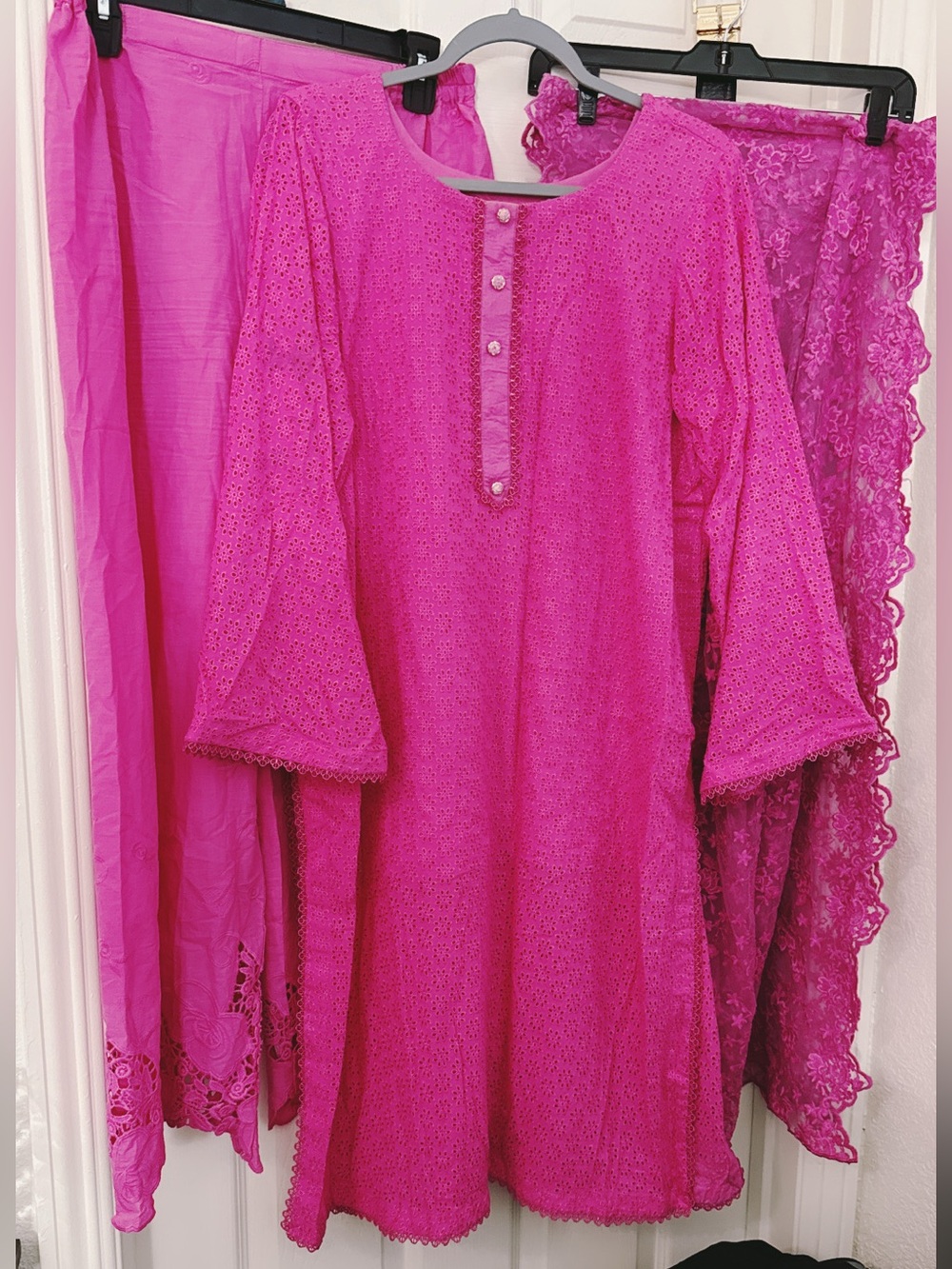 Bright Pink Eyelet Kurta Set 3 pc— Women's Kurta & Slip